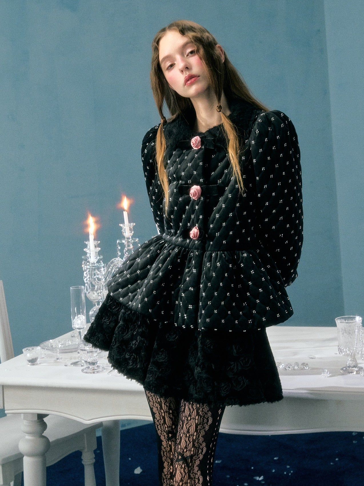 Velvet Embroidered Flower Collarless Short Coat & Skirt