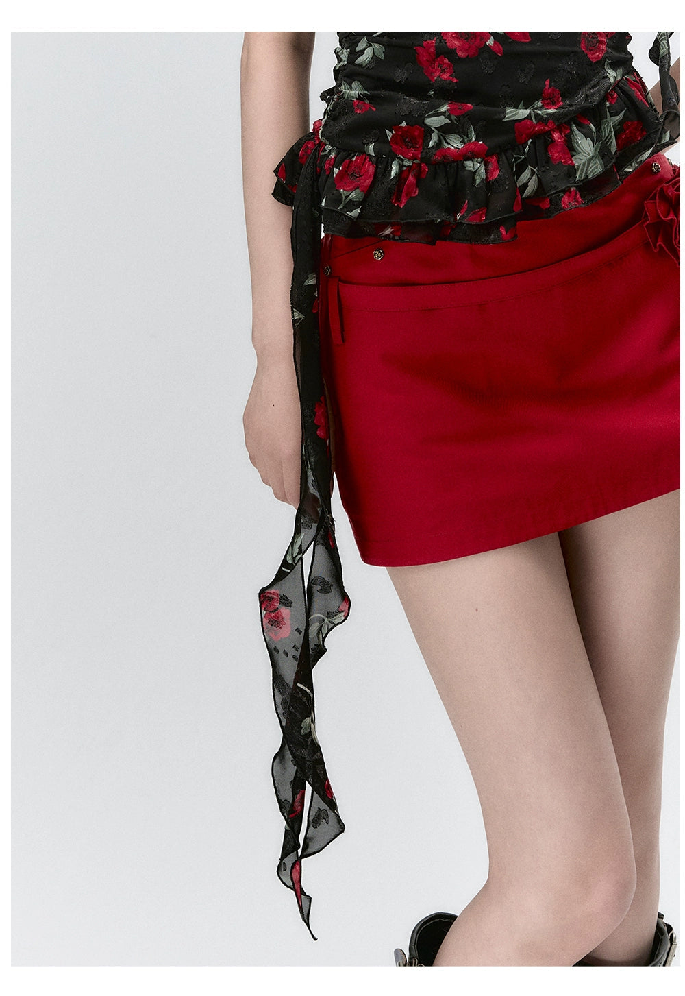 "I LOVE ME" Embroidered Rose Belt A-Line Mini Skirt