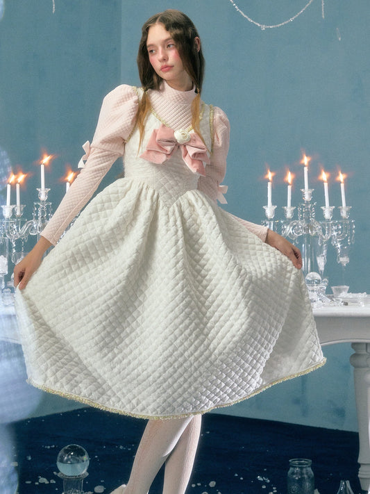 레이스 리본 플라워장식 패딩 서스펜더 드레스&amp;퍼프슬리브 탑