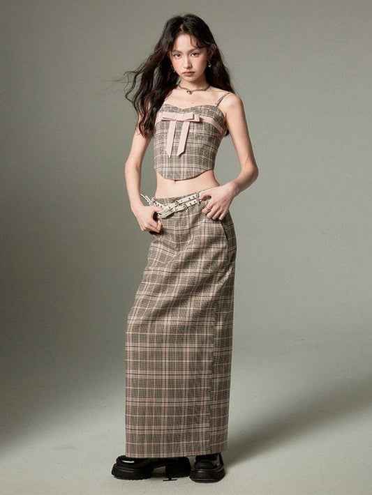 Plaid Bow Cropped Camisole ＆ Long Skirt