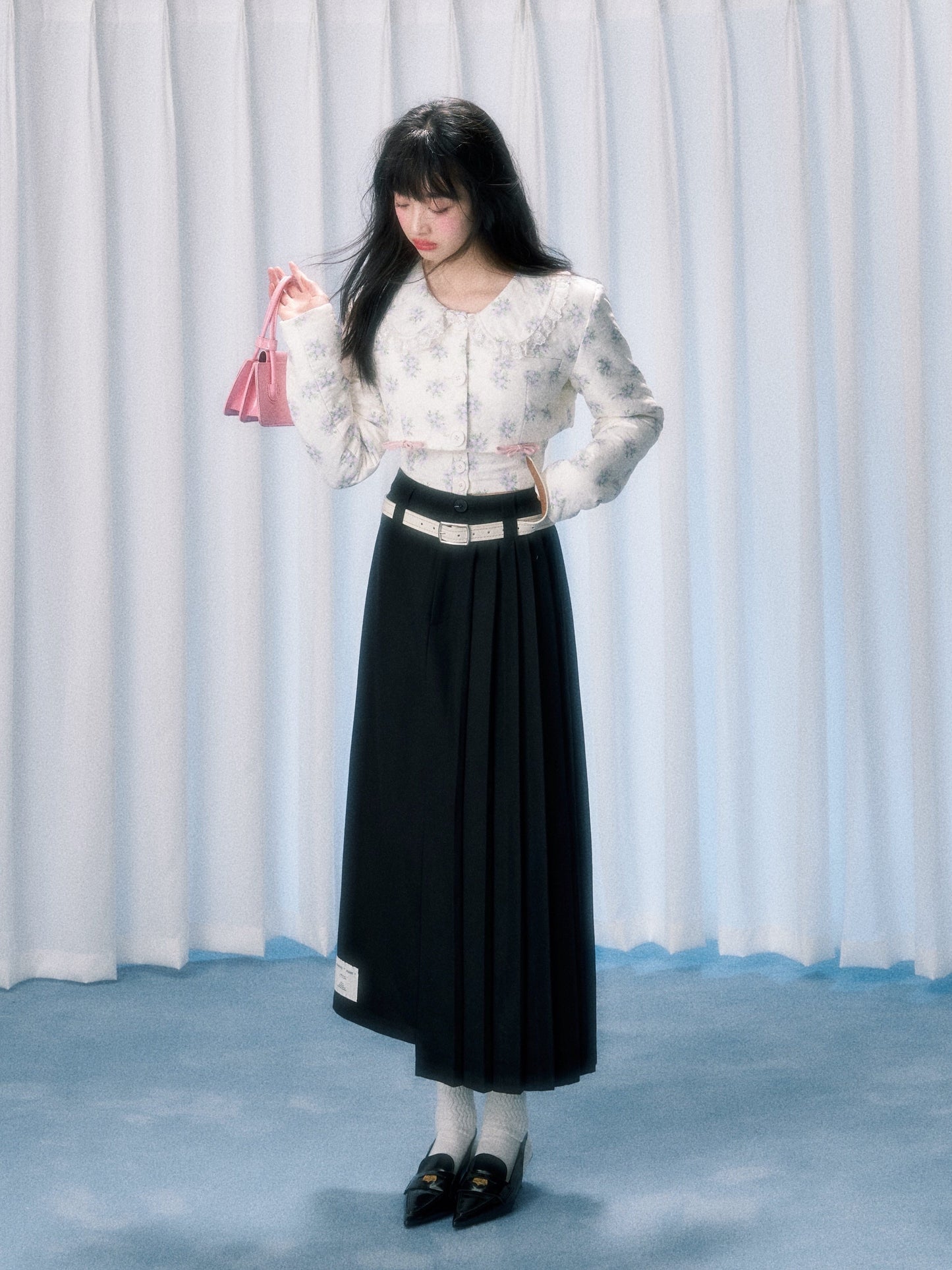 롱 비대칭 플리츠 스커트 