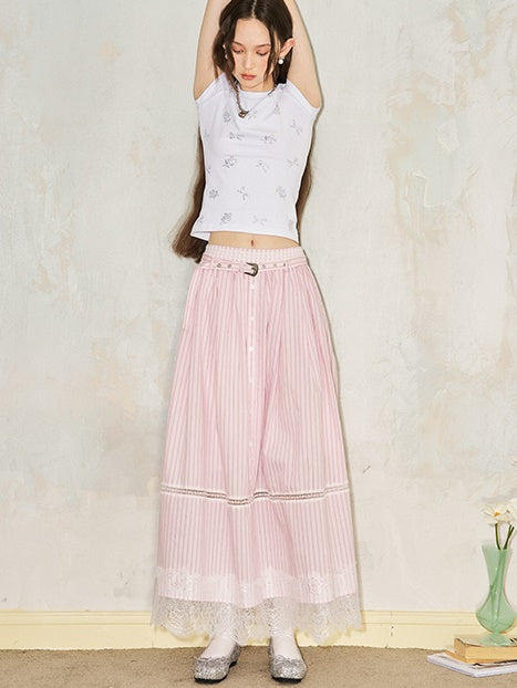 Striped Lace Hollow Long Gather Skirt