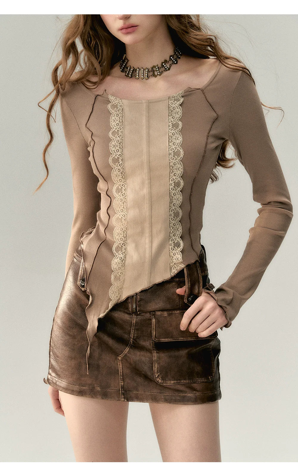 Gray & Khaki Lace Patchwork Blouse