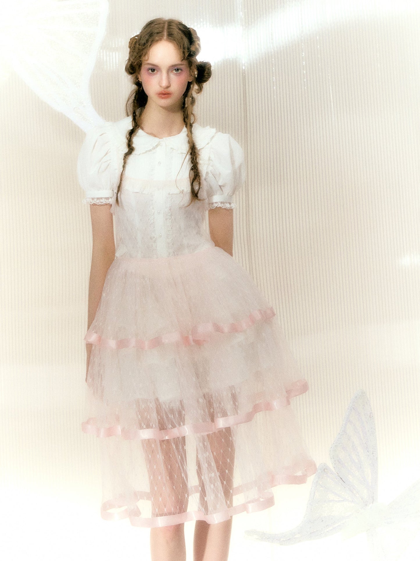 레이스 리본 메쉬 서스펜더 케이크 드레스