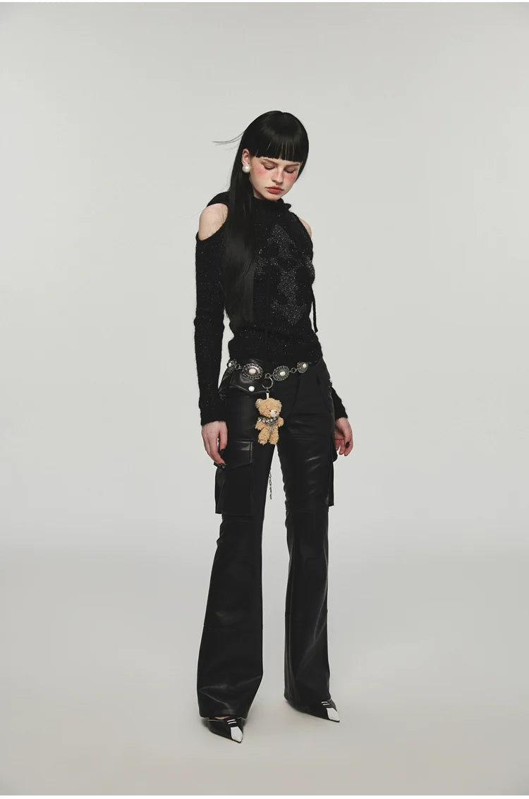 Mohair Off-Shoulder Knit Hoodie