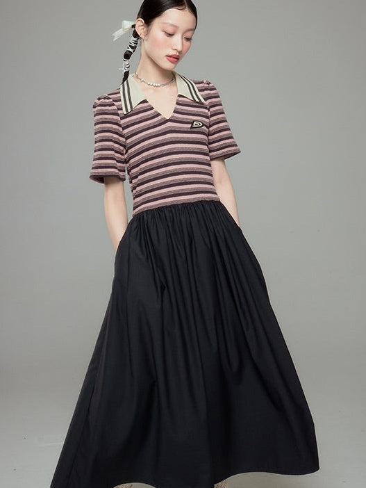 Polo Collar Striped Long One-piece