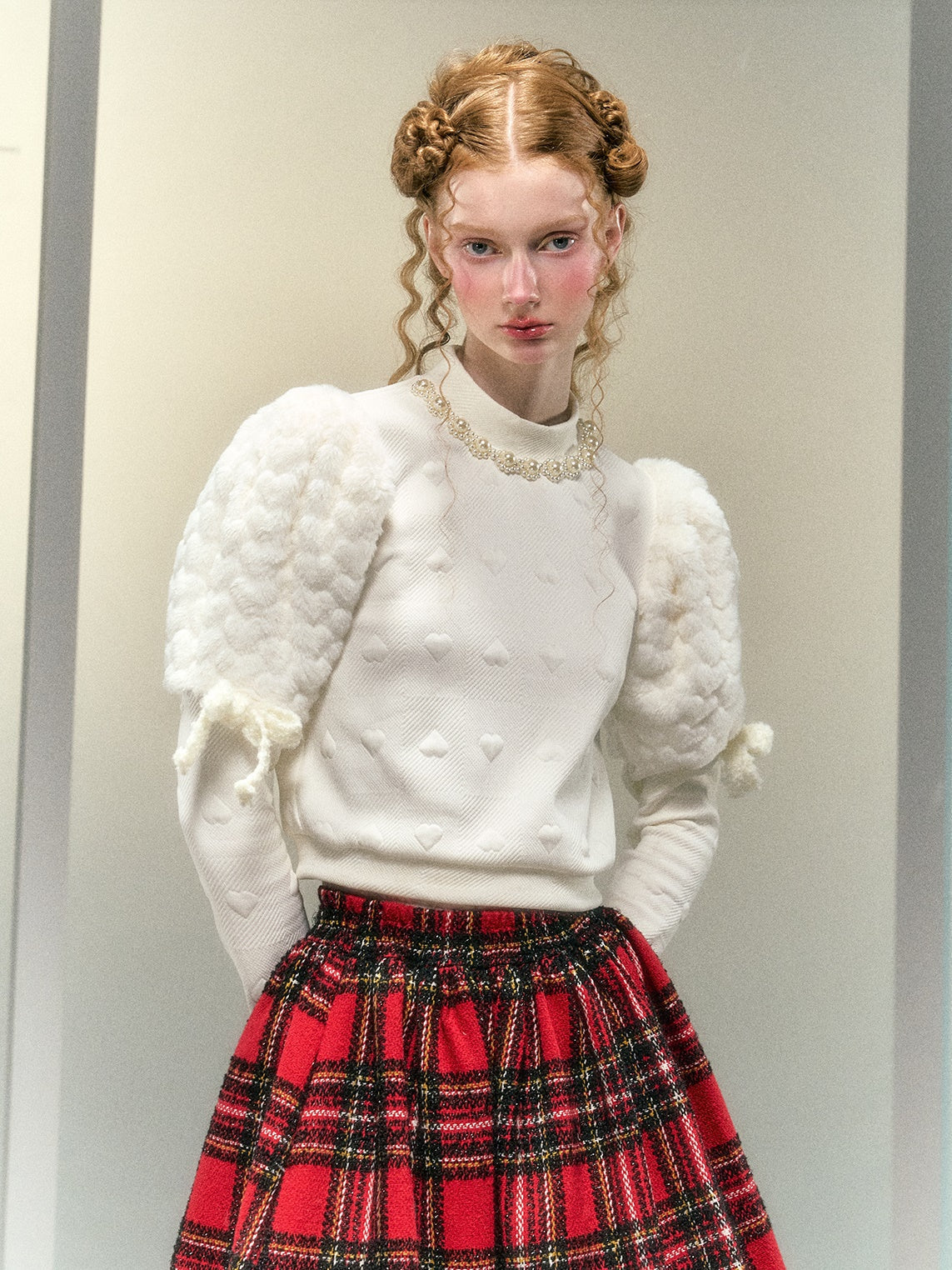 사랑 모피 소매 활 진주 장식 짧은 탑 