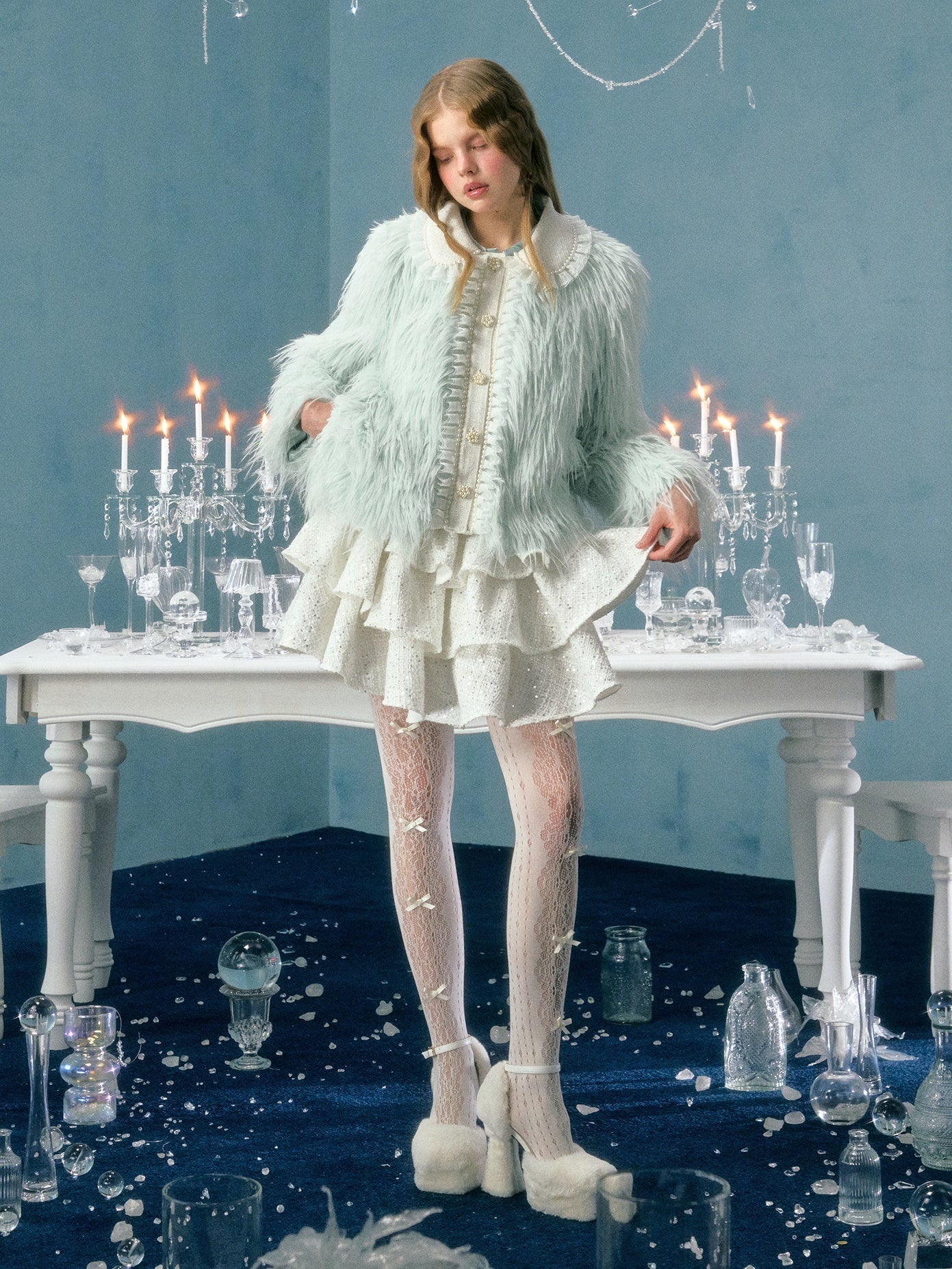 Pearl Lace Decoration Short Imitation Fur Coat