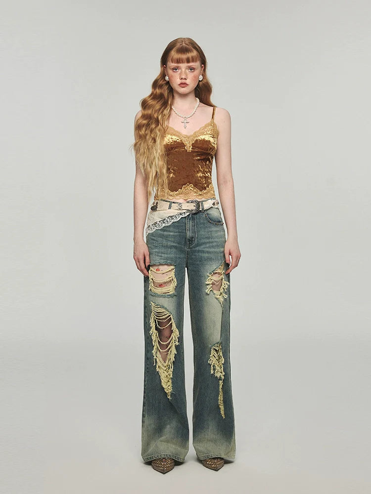 Denim Distressed Wide-Leg Pants