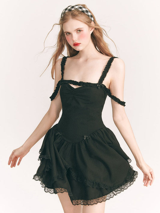 레이스 스티치 더블 스트랩 드레스 