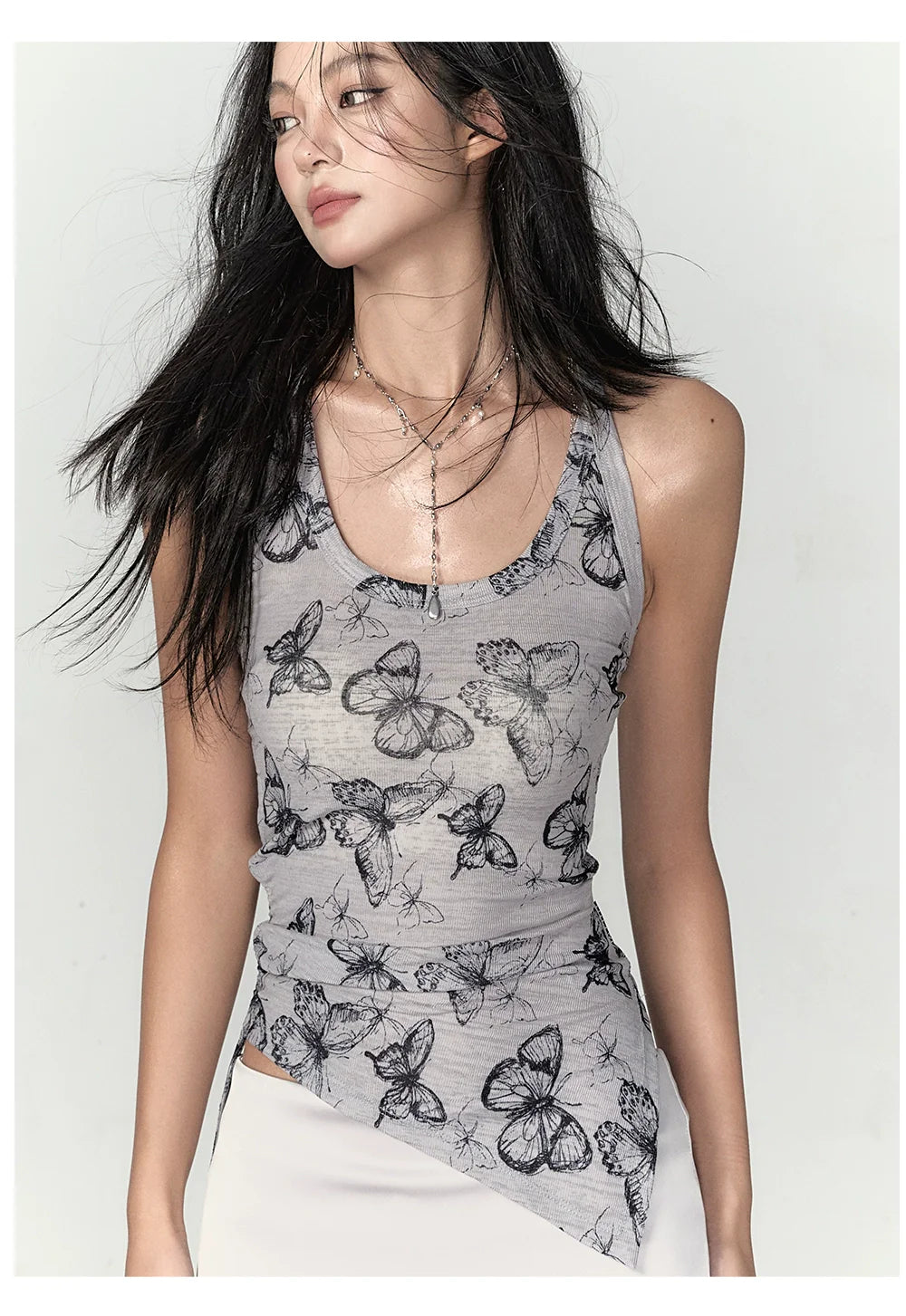 Purple & Grey Butterfly Print Irregular Strappy Vest