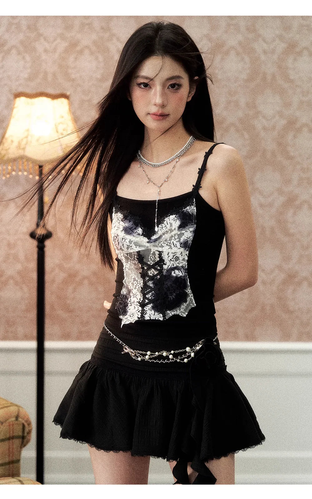 Off-white & Black Lace Splice Camisole