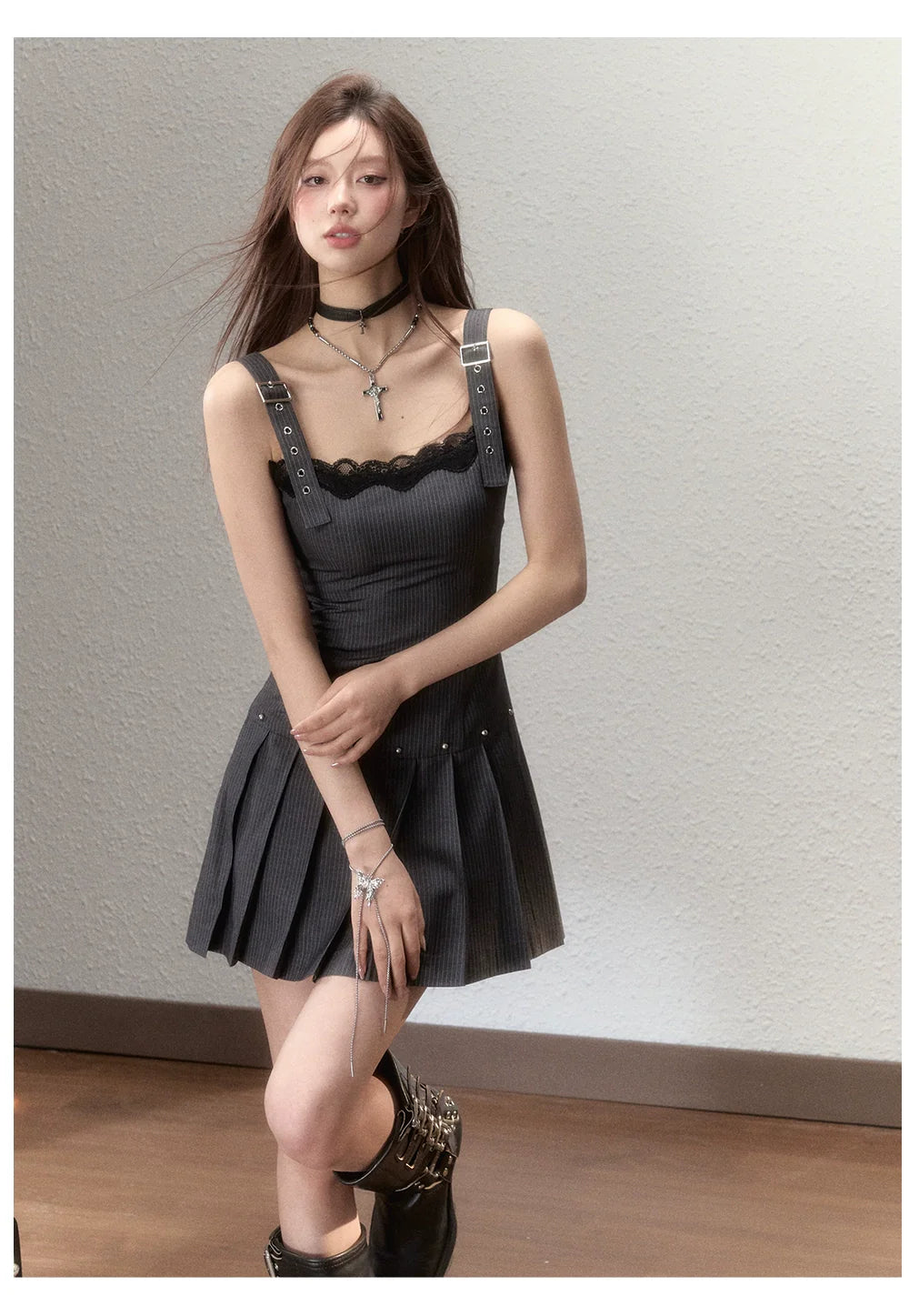 Suit-Style Lace Pleated Mini Dress