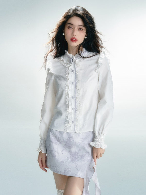 긴팔 레트로 레이스 프릴 셔츠 