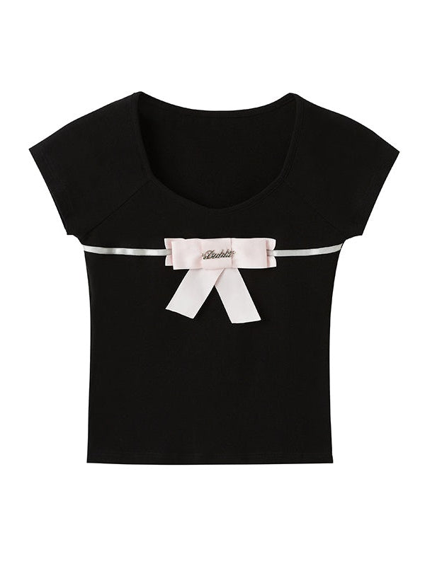 Ribbon Round Neck Slim T-Shirt