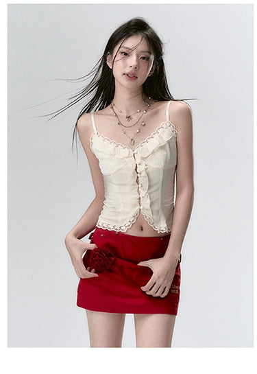 "I LOVE ME" Embroidered Rose Belt A-Line Mini Skirt