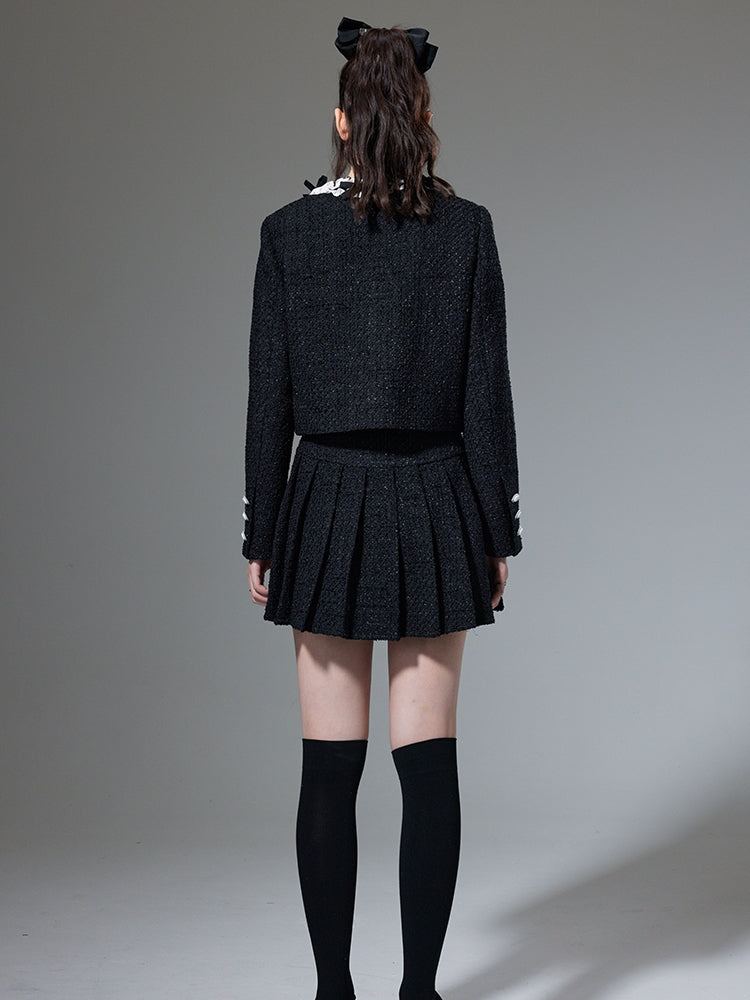 Round Neck Bow Cardigan Jacket & Pleated Skirt