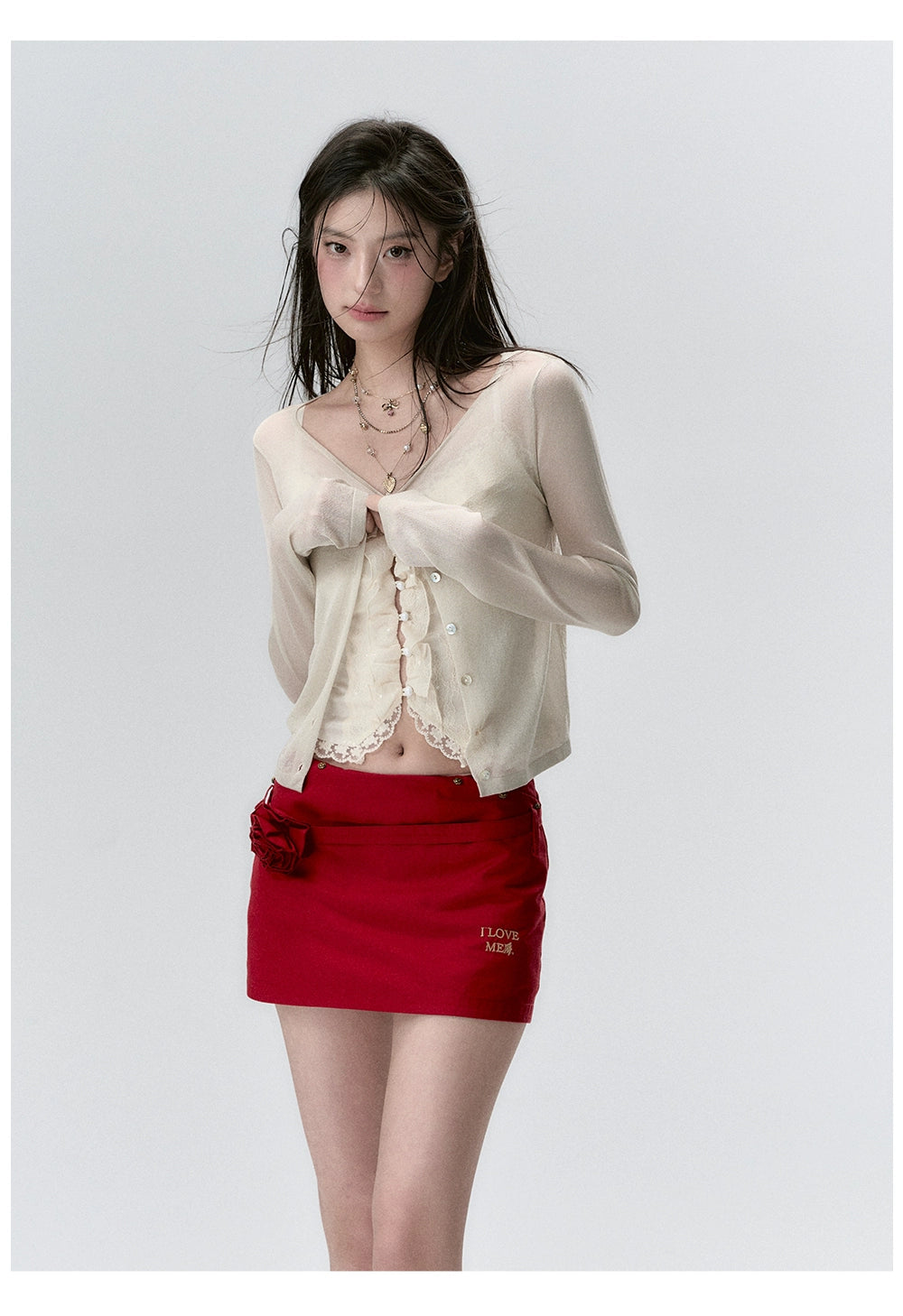 "I LOVE ME" Embroidered Rose Belt A-Line Mini Skirt