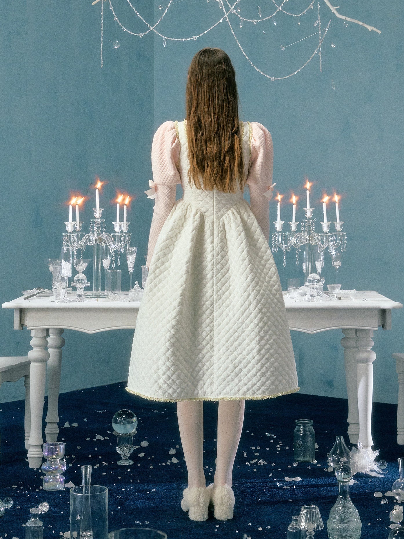 레이스 리본 플라워장식 패딩 서스펜더 드레스&amp;퍼프슬리브 탑