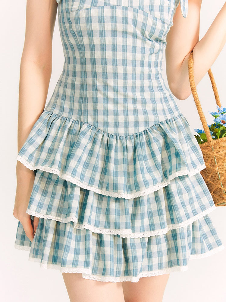 Plaid Strap Puff Skirt Dress