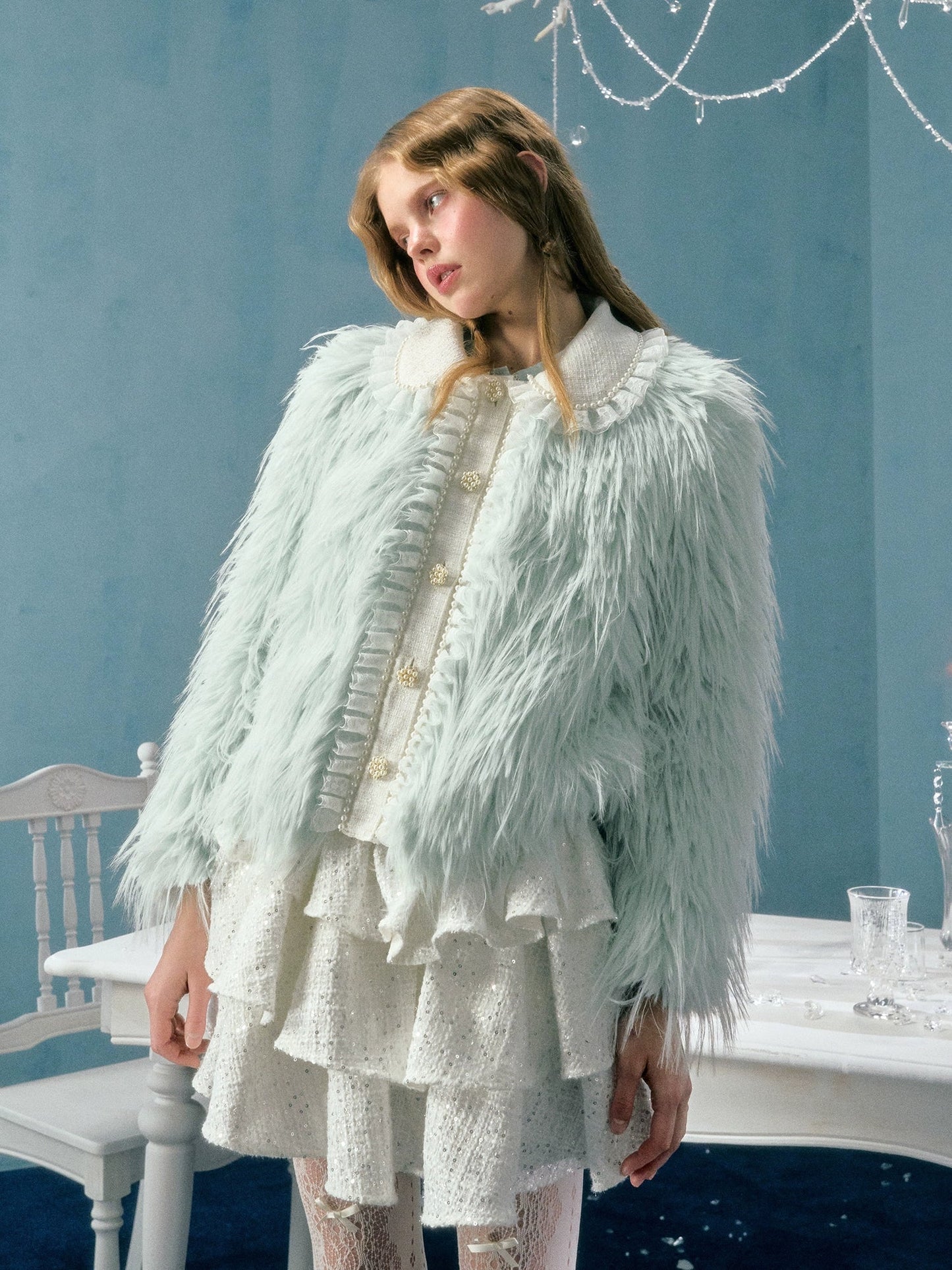 Pearl Lace Decoration Short Imitation Fur Coat