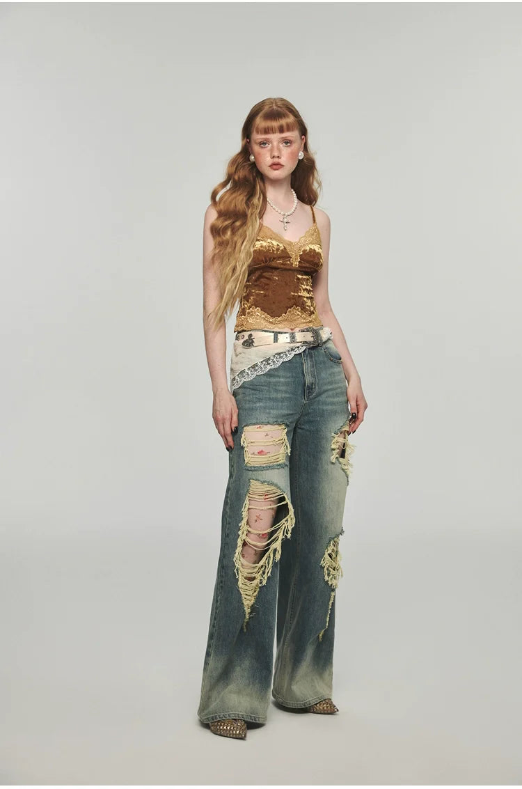 Denim Distressed Wide-Leg Pants