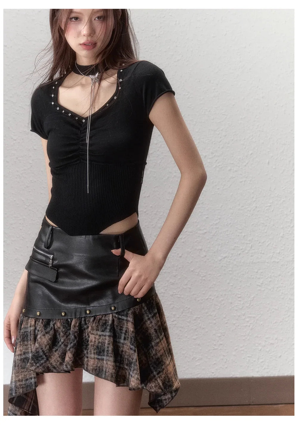 Choker Collar Rhinestone Cinched Waist T-Shirt