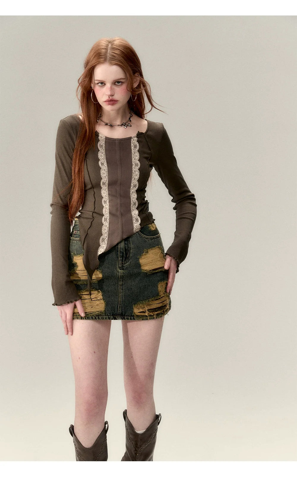 Gray & Khaki Lace Patchwork Blouse