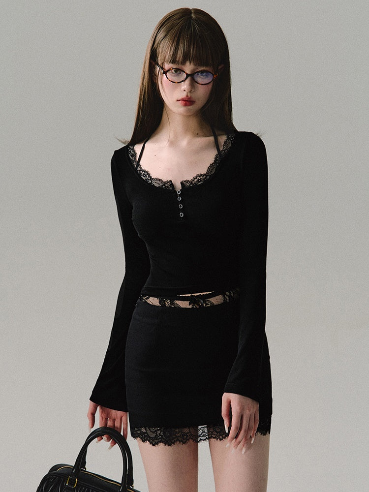 레이스 스티치 니트 바텀 셔츠 