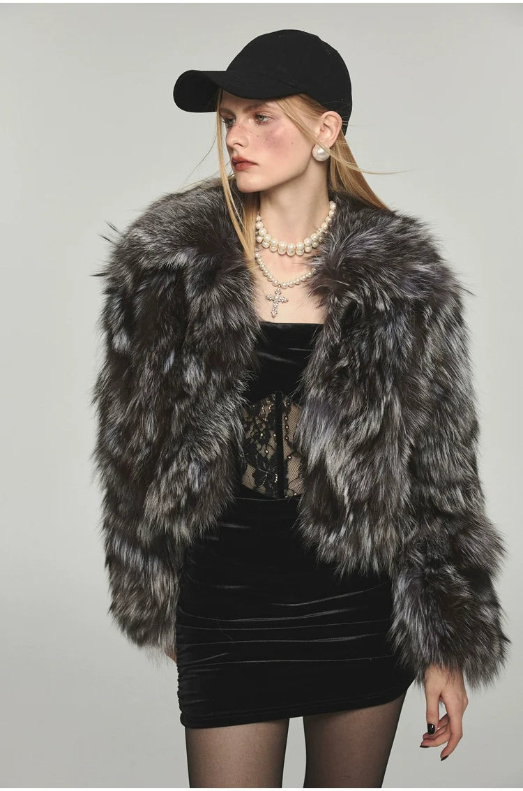 Turn-down Collar Silver Fox Fur Short Coat