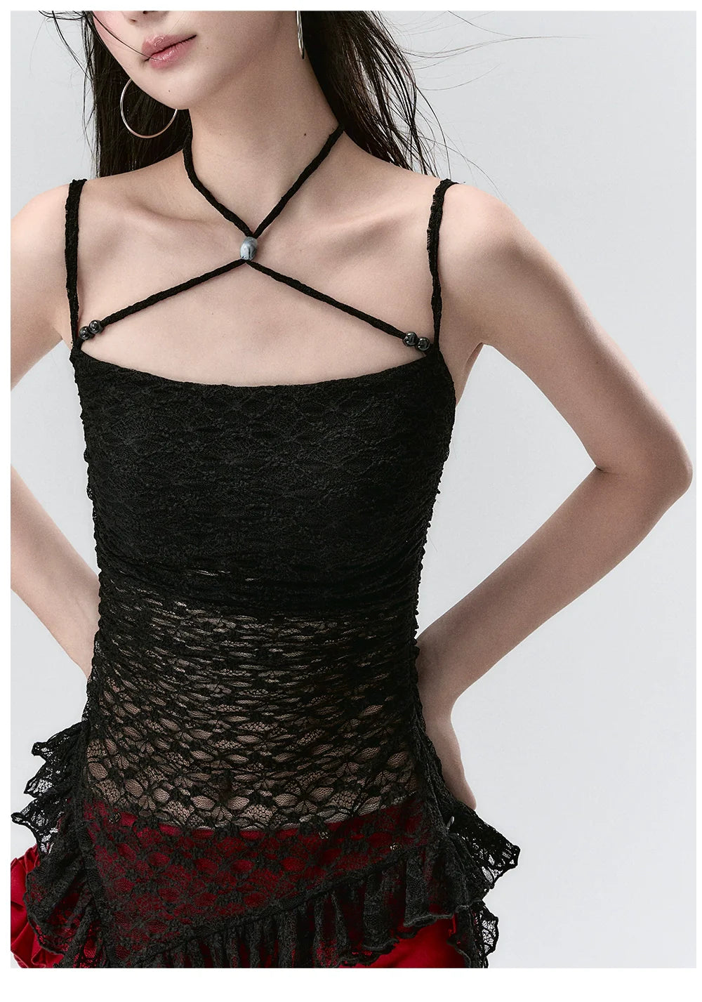 Black Lace Mesh Asymmetrical Tank Top