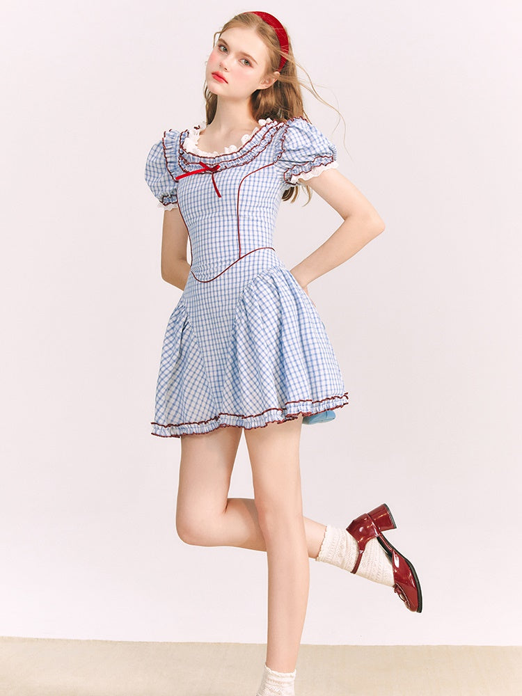 Puff Sleeves Sweet Plaid Princess Dress