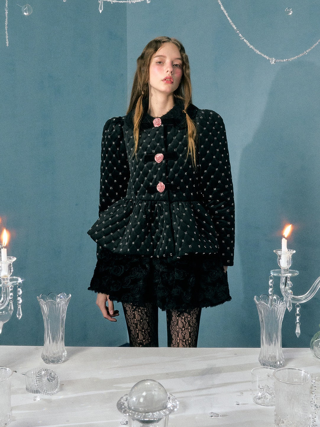 Velvet Embroidered Flower Collarless Short Coat & Skirt