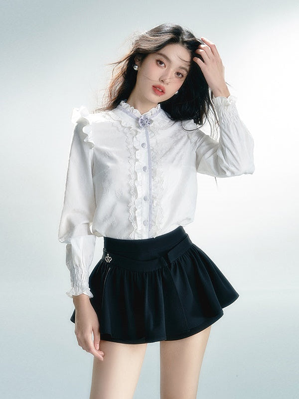 긴팔 레트로 레이스 프릴 셔츠 