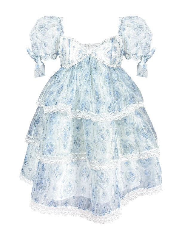 Organza Square Collar Puff Sleeve Cake Dress