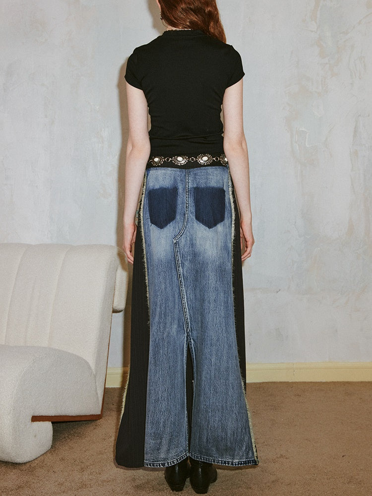 Retro Distressed Washed Raw Edge Denim Patchwork Skirt