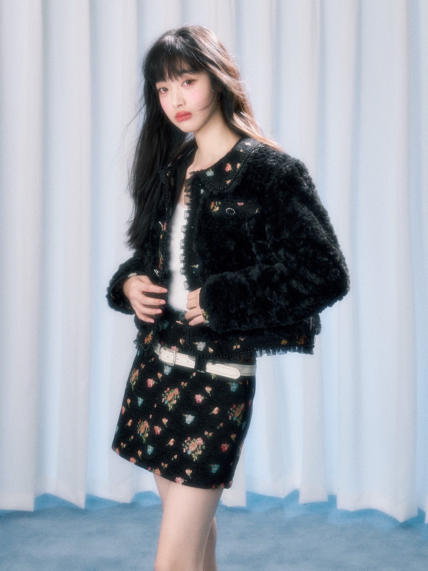 Short Hair Soft Jacquard Splicing Coat & Skirt