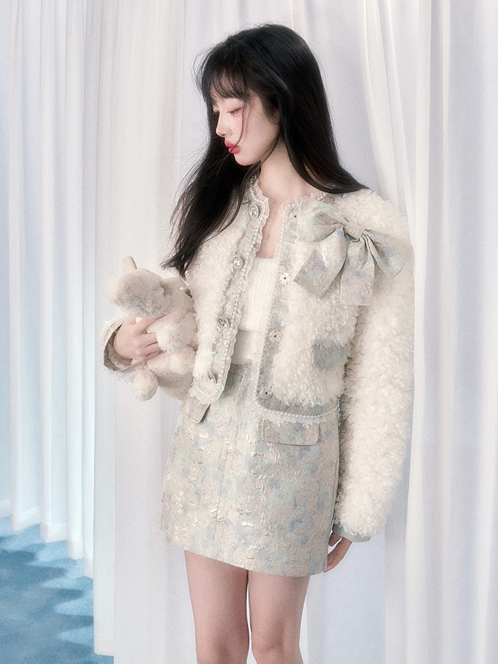 램울 리본 쇼트 코트 &amp; 자카드 스커트