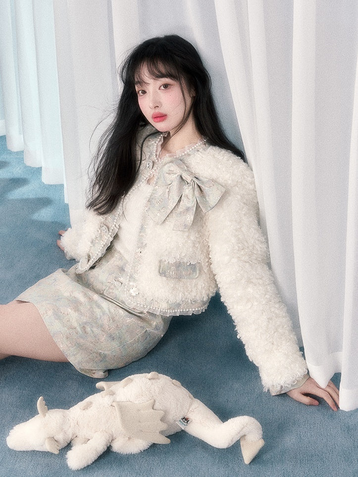 램울 리본 쇼트 코트 &amp; 자카드 스커트