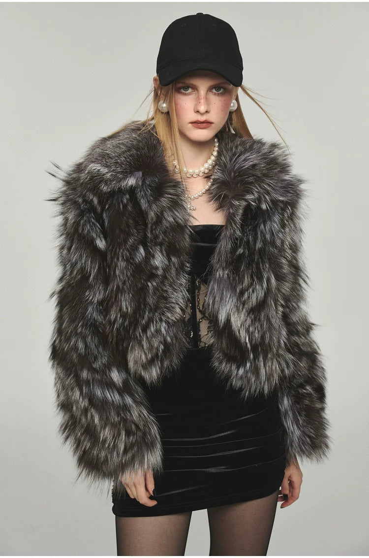 Turn-down Collar Silver Fox Fur Short Coat