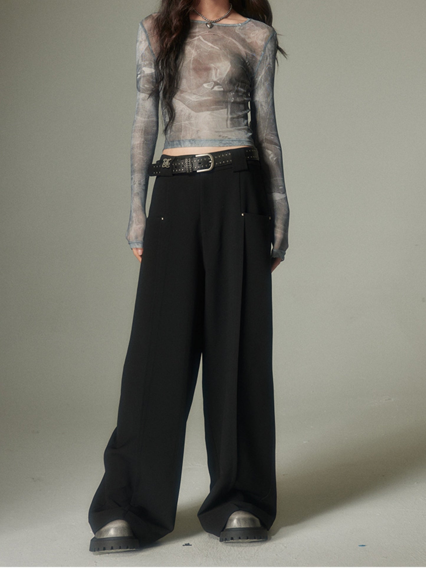 Solid Color Rivet Wide-leg Pants