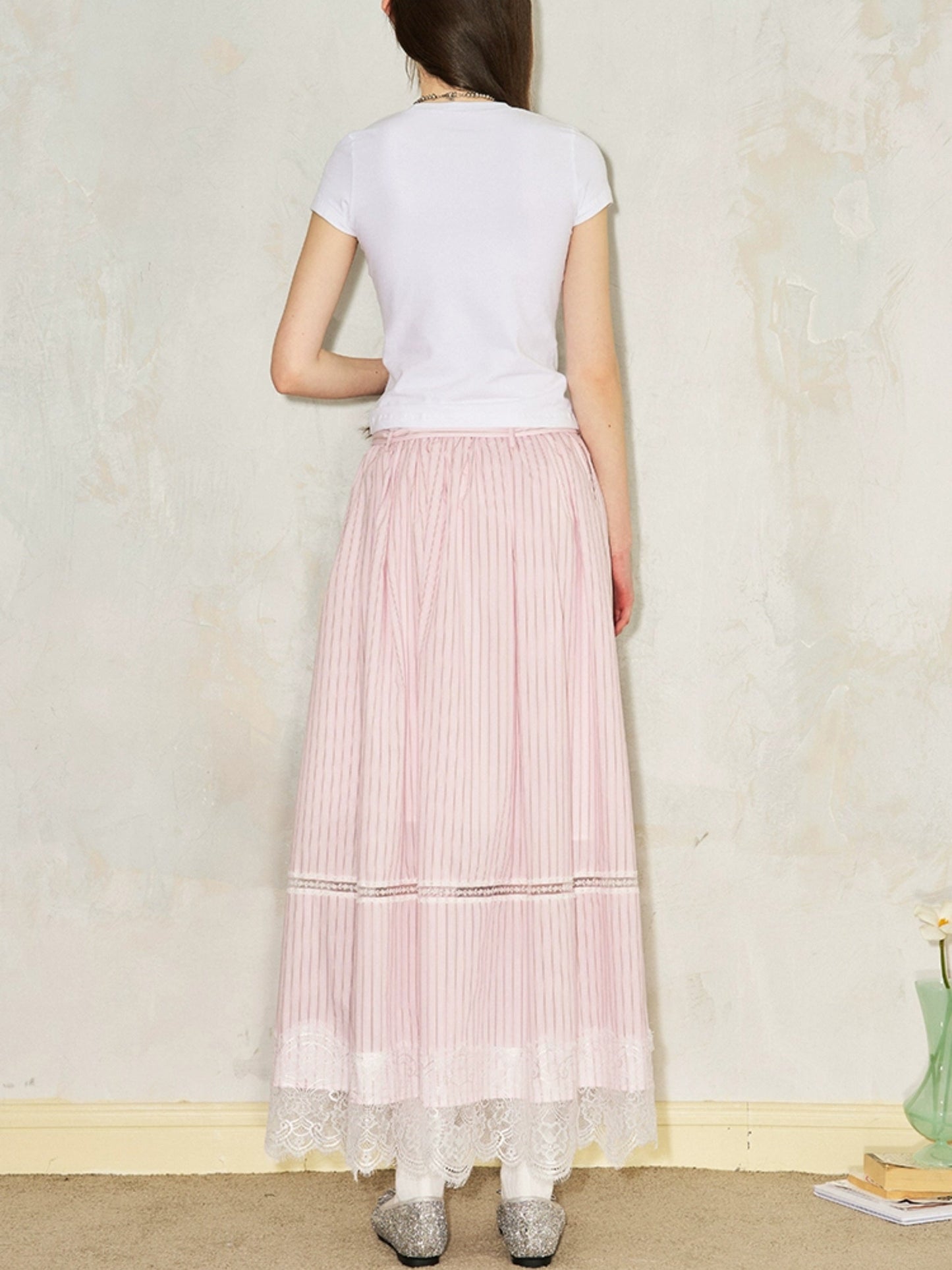 Striped Lace Hollow Long Gather Skirt