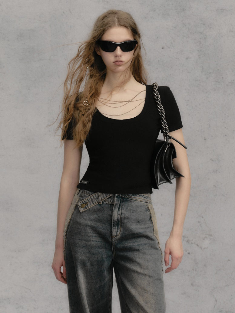 체인 숄더 패드 쇼트 티셔츠 