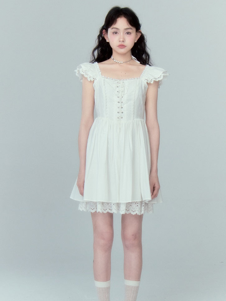 Stitching Lace Jacquard Flying Sleeve Dress