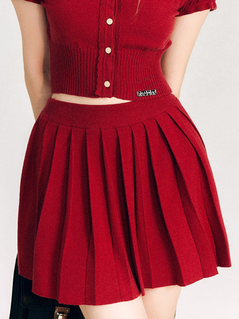 Puff Sleeve Knitted Sweater ＆ Pleated Mini Skirt