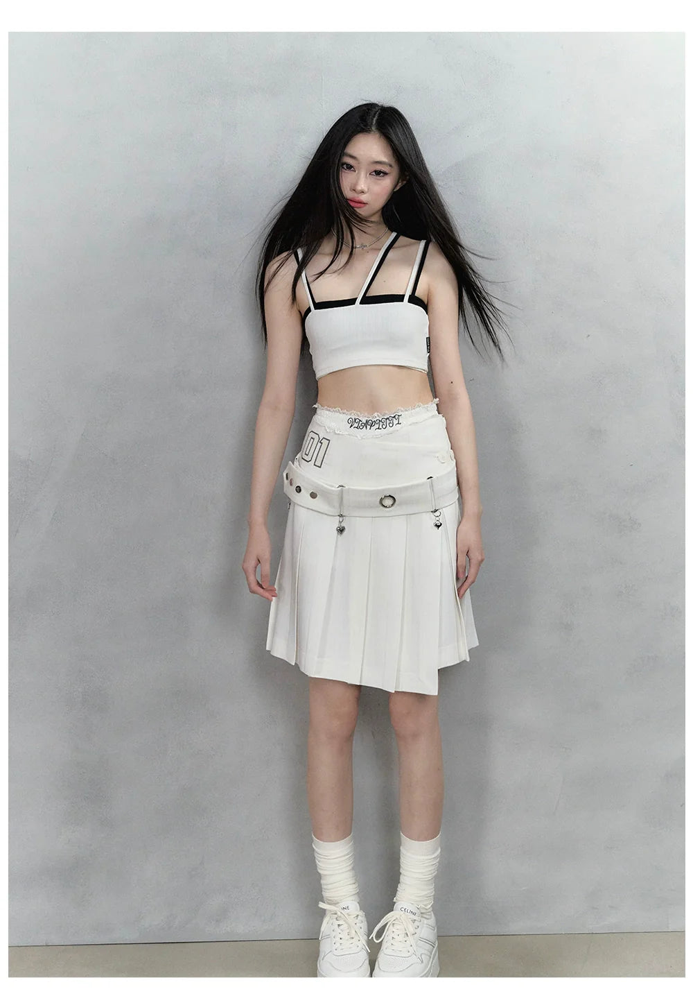 Oak Ash & White Asymmetrical Waist Pleated Skirt