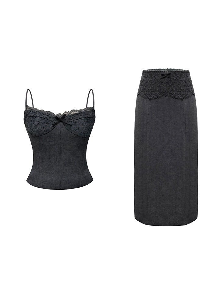 Slim Fit Lace Stitch Camisole ＆ Spliced Skirt