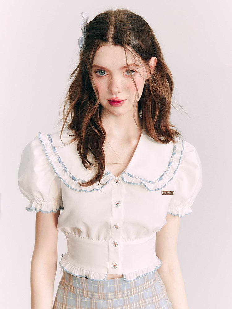 Short Puff Sleeves Doll Collar Shirt