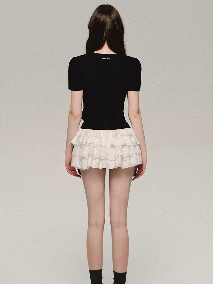 레이스 자수 플래킷 반소매 티셔츠 