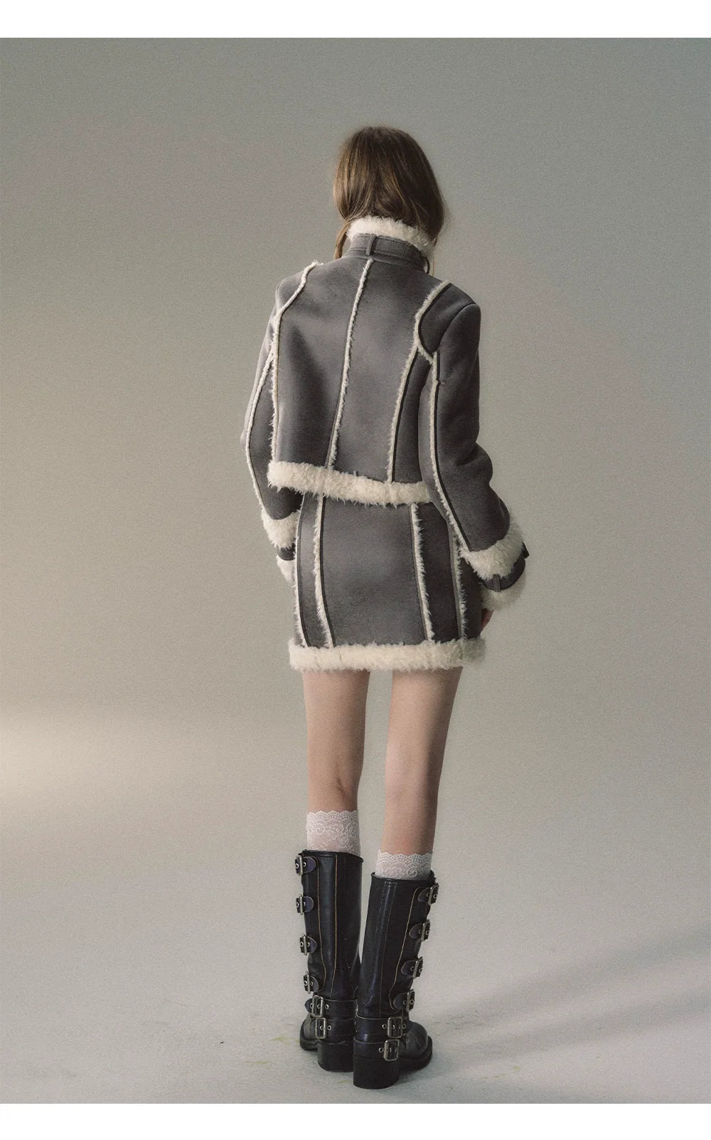 Grey Short Plush Shearling Jacket & Skirt Set